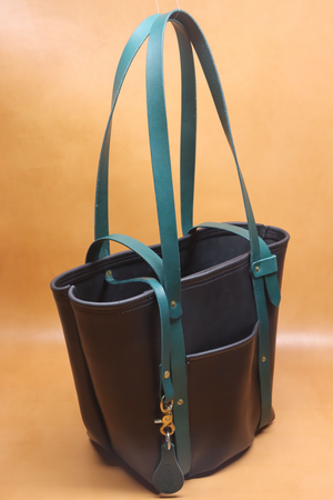 Leather Tote  Bag - Black Squall Series with Green Strap (Handles) 802