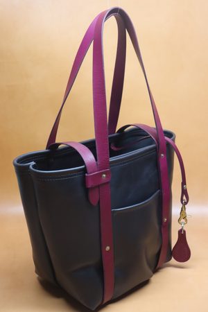 Leather Tote  Bag - Black Squall Series with Maroon Strap (Handles) 803