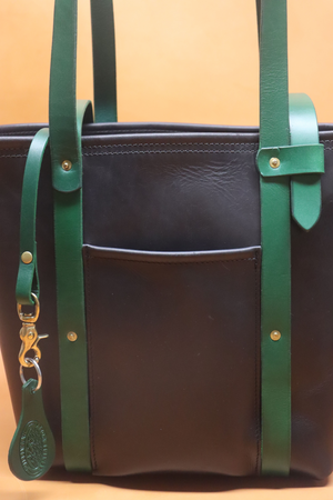 Leather Tote  Bag - Black Squall Series with Kelly Green Strap (Handles) 804