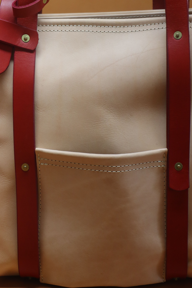 All Natural Veg Tan Leather Tote Bag with Red Bridle Strap (Handles) 117.1