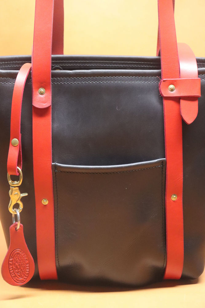 Leather Tote  Bag - Black Squall Series with Red Strap (Handles) 805