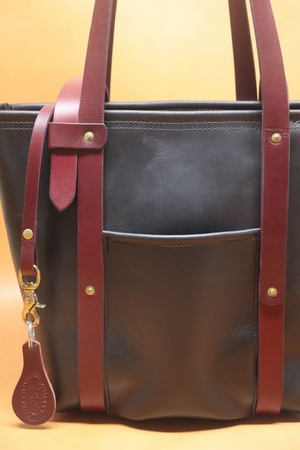 Leather Tote  Bag - Black Squall Series with Burgundy Strap (Handles) 801