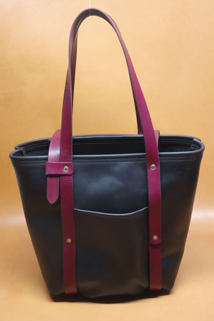 Leather Tote  Bag - Black Squall Series with Maroon Strap (Handles) 803