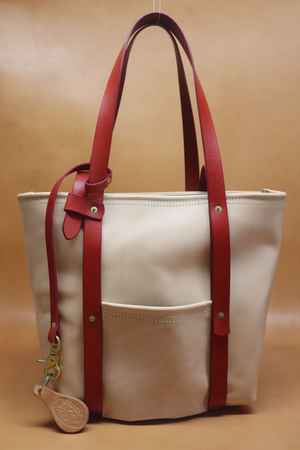 All Natural Veg Tan Leather Tote Bag with Red Bridle Strap (Handles) 117.1