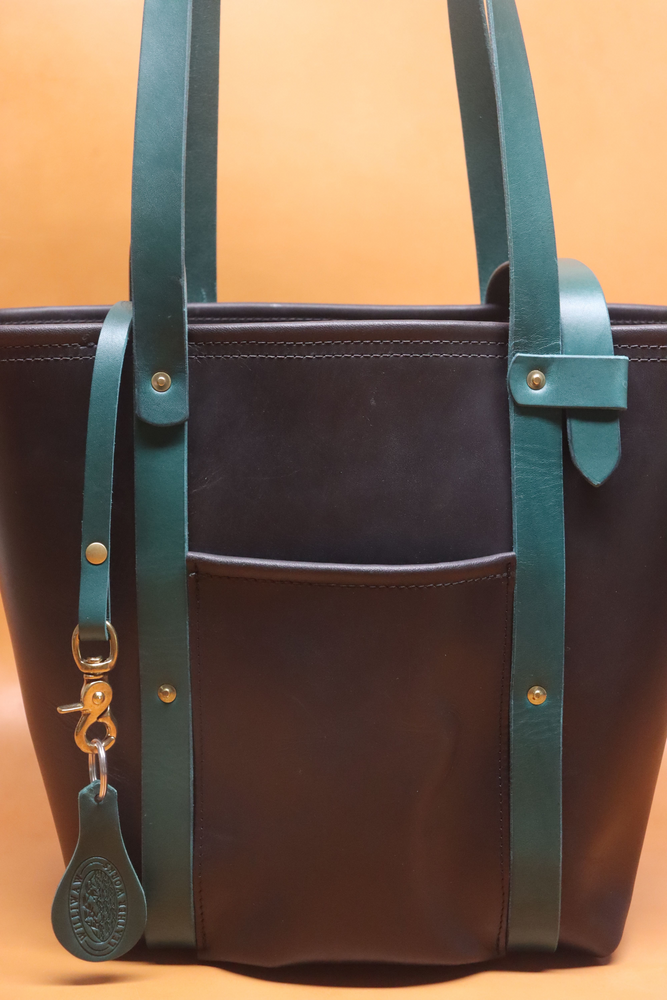 Leather Tote  Bag - Black Squall Series with Green Strap (Handles) 802