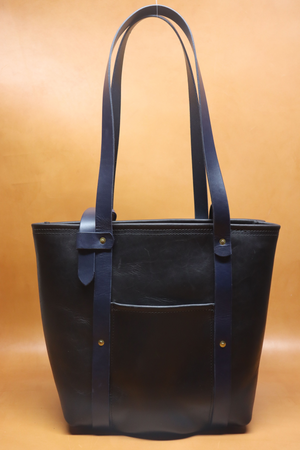 Leather Tote  Bag - Black Squall Series with Blue Strap (Handles) 806