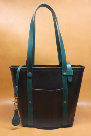 Leather Tote  Bag - Black Squall Series with Green Strap (Handles) 802