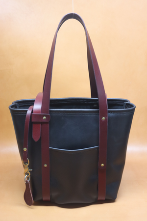 Leather Tote  Bag - Black Squall Series with Burgundy Strap (Handles) 801