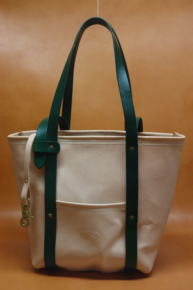 All Natural Veg Tan Leather Tote Bag with Green Bridle Strap (Handles) 116.2