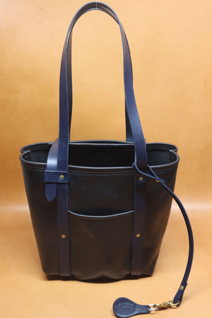 Leather Tote  Bag - Black Squall Series with Blue Strap (Handles) 806