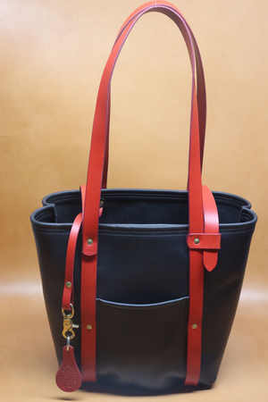 Leather Tote  Bag - Black Squall Series with Red Strap (Handles) 805