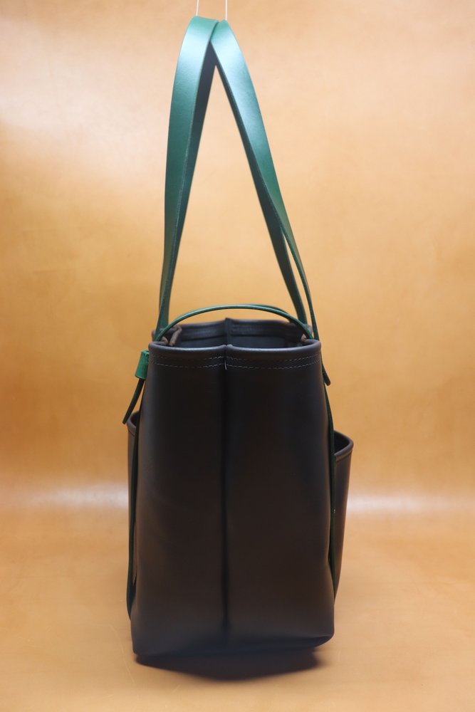 Leather Tote  Bag - Black Squall Series with Kelly Green Strap (Handles) 804