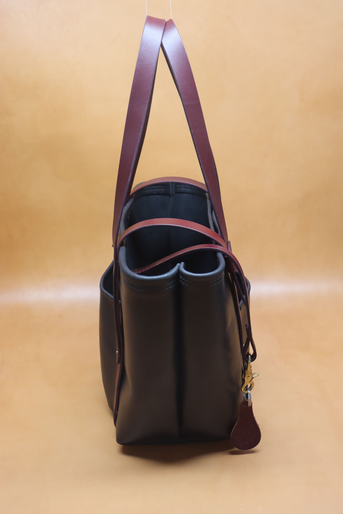 Leather Tote  Bag - Black Squall Series with Burgundy Strap (Handles) 801