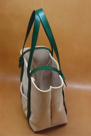 All Natural Veg Tan Leather Tote Bag with Green Bridle Strap (Handles) 116.2