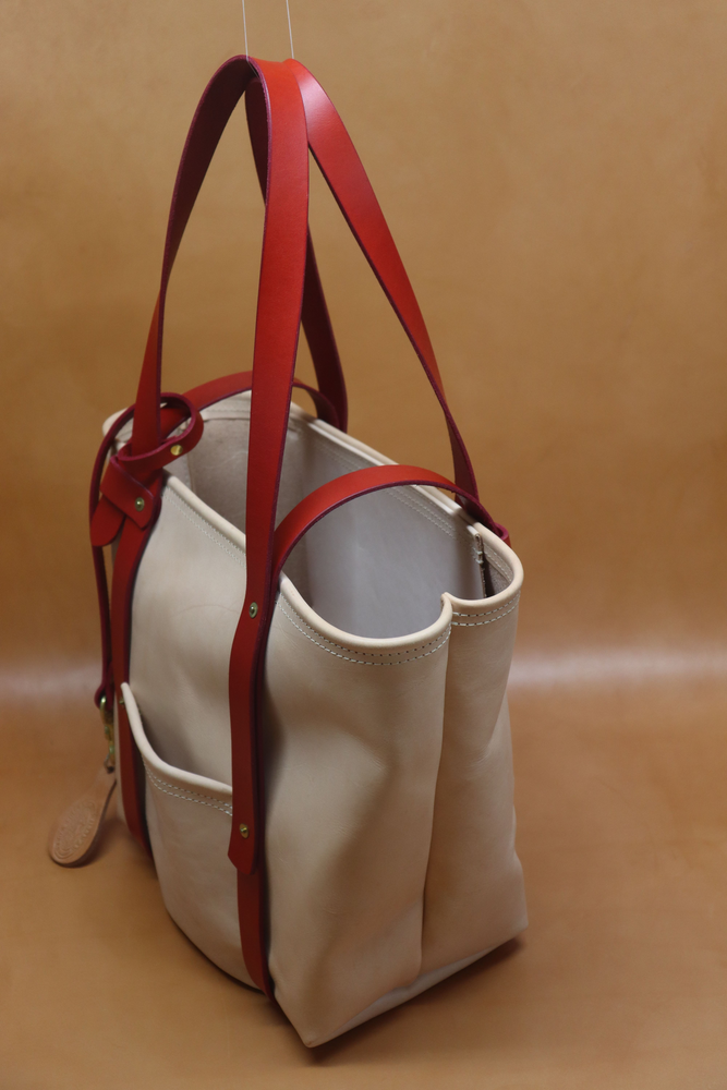 All Natural Veg Tan Leather Tote Bag with Red Bridle Strap (Handles) 117.1