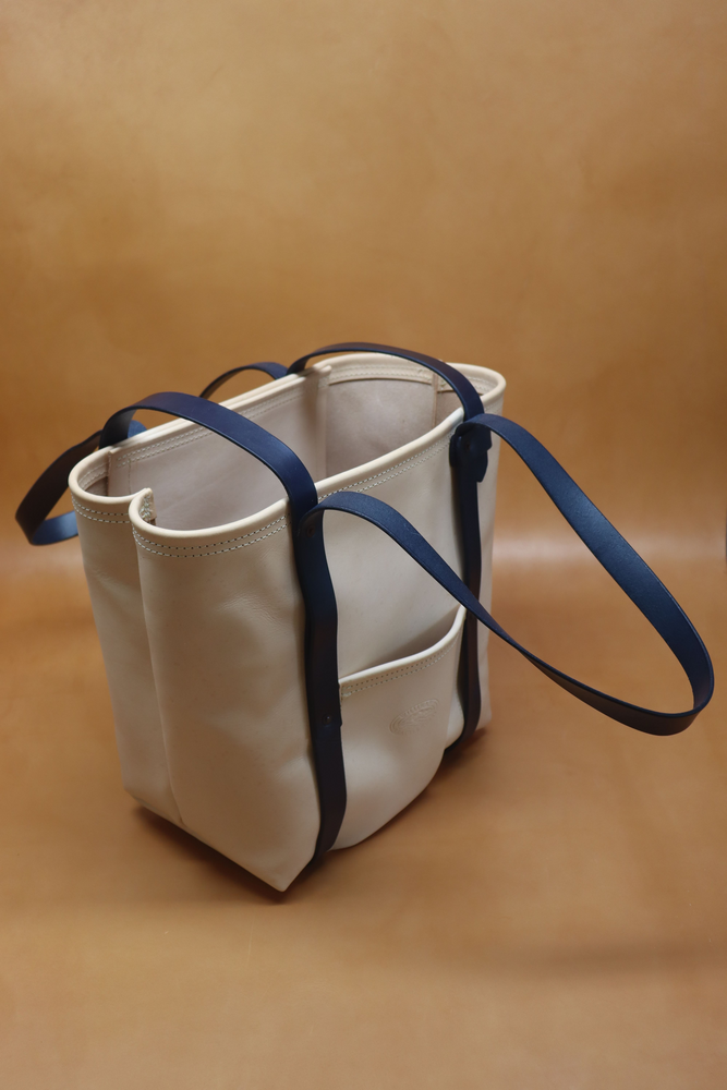 Natural Veg Tan Leather Tote Bag with Blue Bridle Straps (Handles) 115